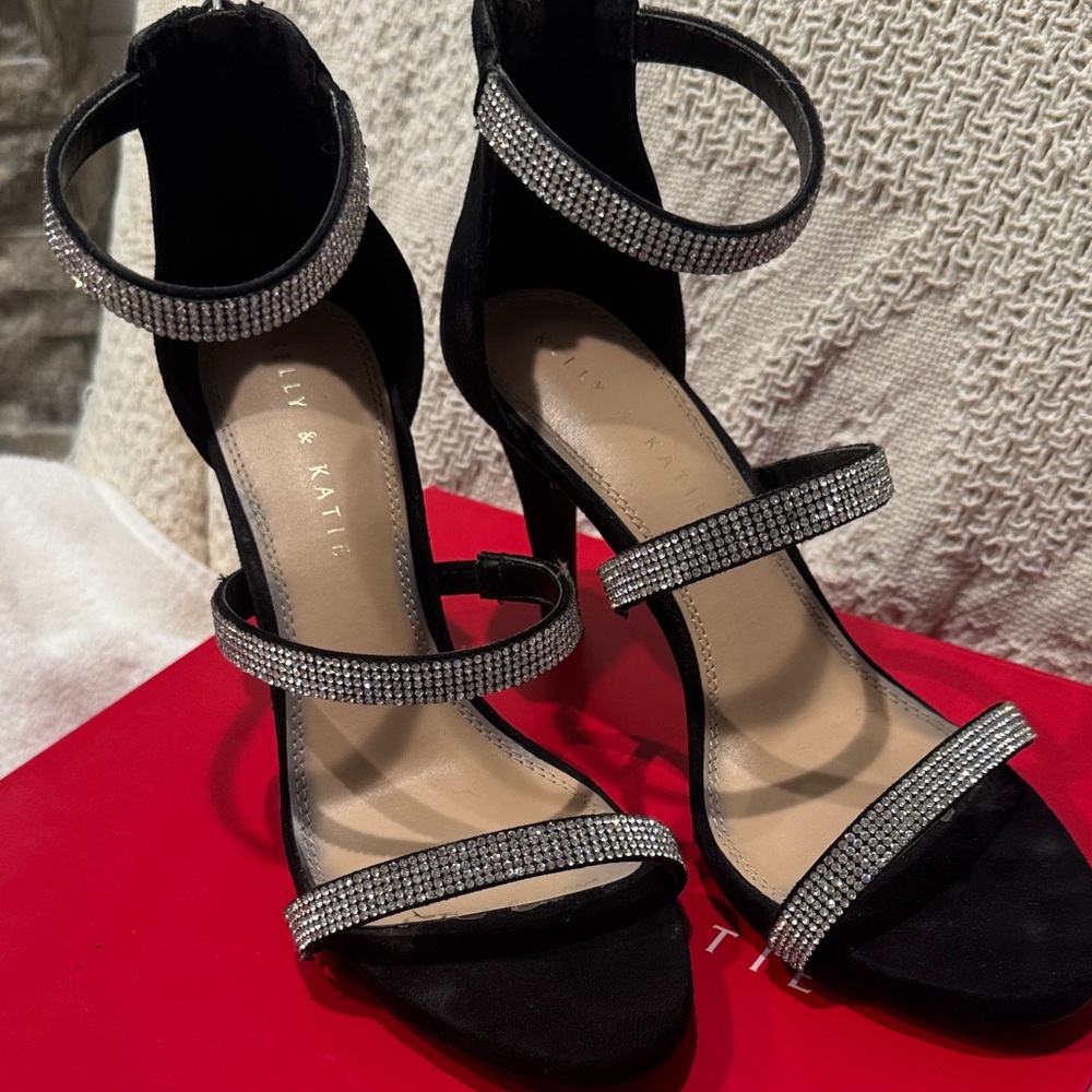 Kelly & Katie Black Heels with Rhinestone Straps